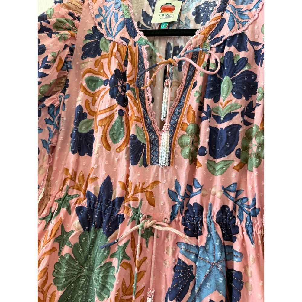 Farm Rio Seashell Tapestry Cotton Mini Dress Pink Floral Puff Sleeve Boho Small - Picture 5 of 8